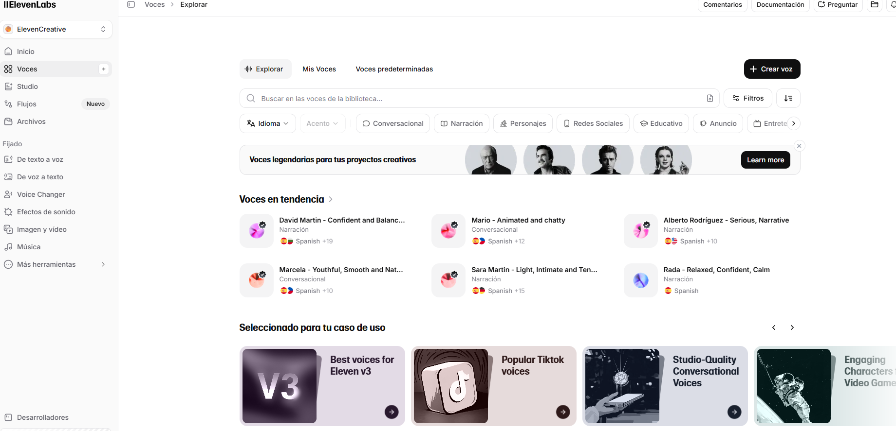 Interfaz de Voces de ElevenLabs — sección My Voices