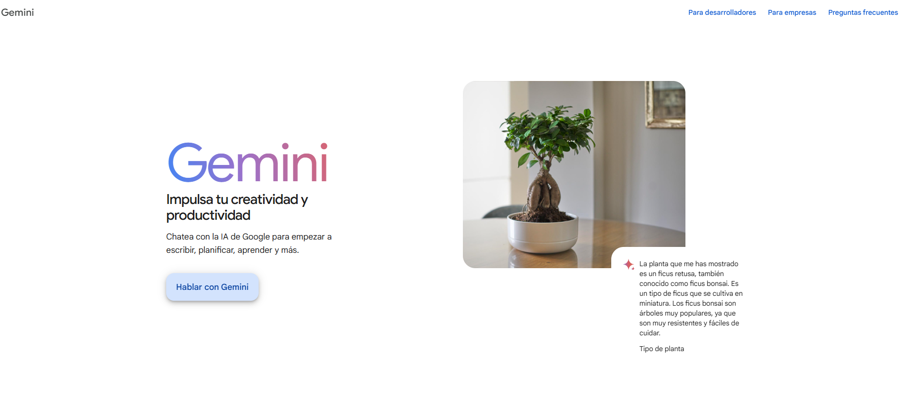 Página de inicio de Google Gemini con el botón de iniciar sesión