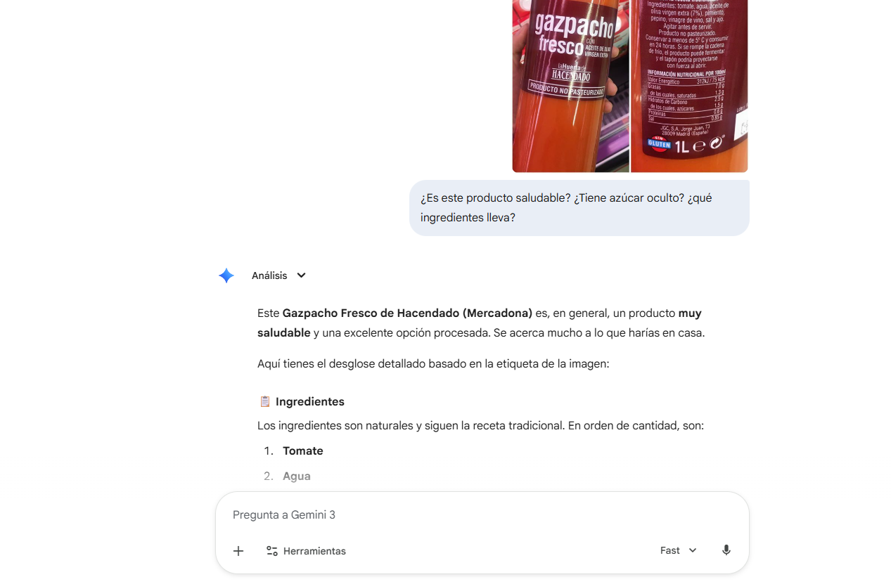 Gemini analizando la etiqueta de ingredientes de un producto y explicando si es saludable