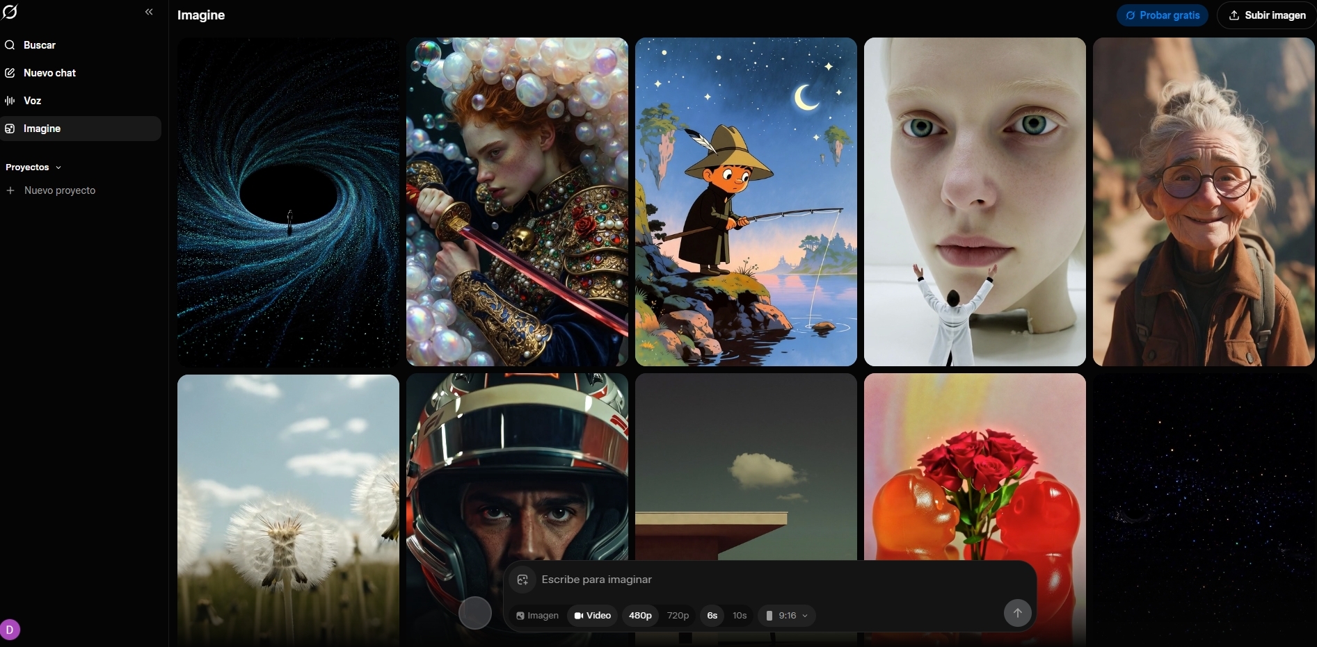 Interfaz de Grok Imagine en X — panel lateral y generador de vídeo