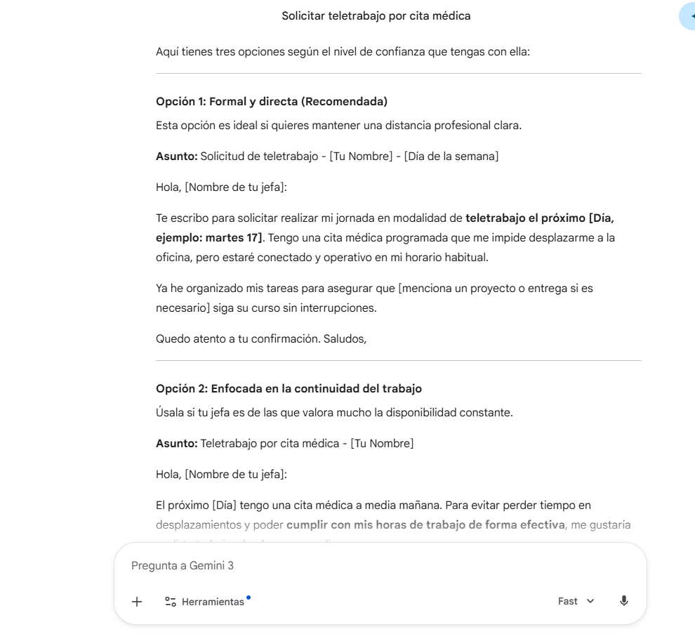 Gemini redactando un correo profesional a partir de notas desordenadas