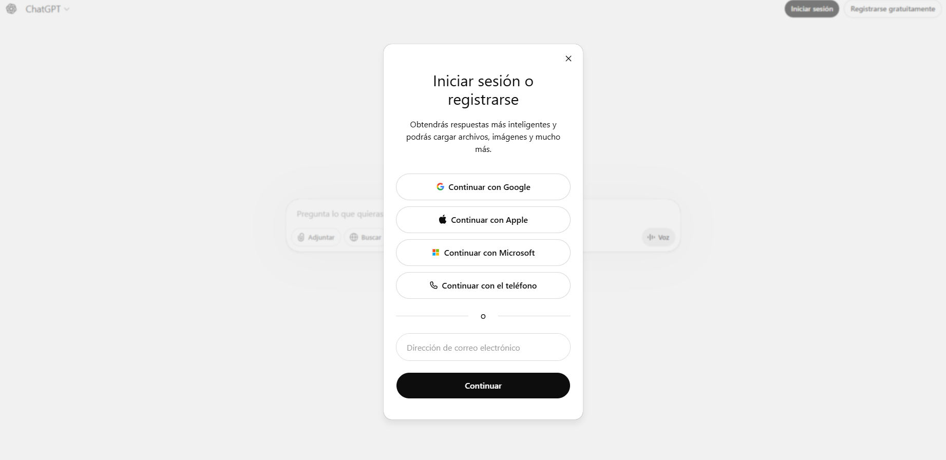 Pantalla de login y registro de ChatGPT