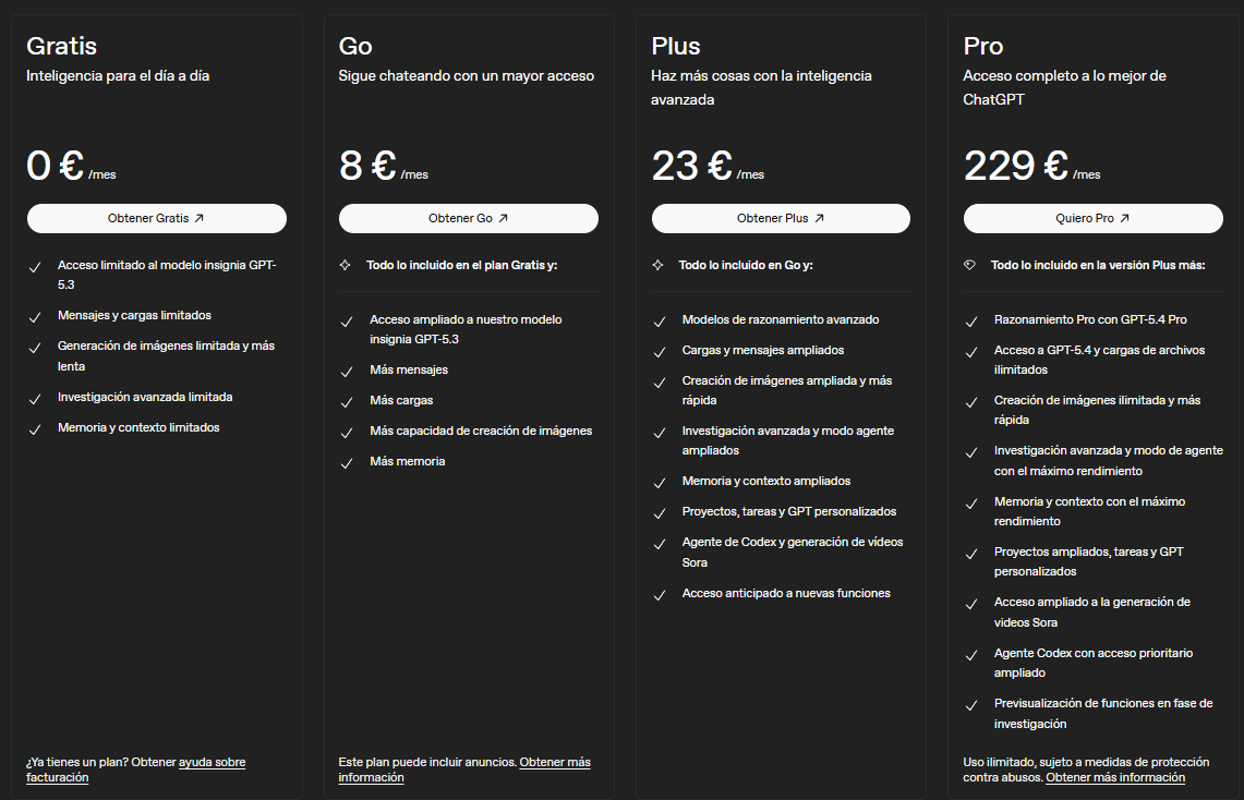 Precios oficiales de ChatGPT — planes Free, Plus y Pro 2026