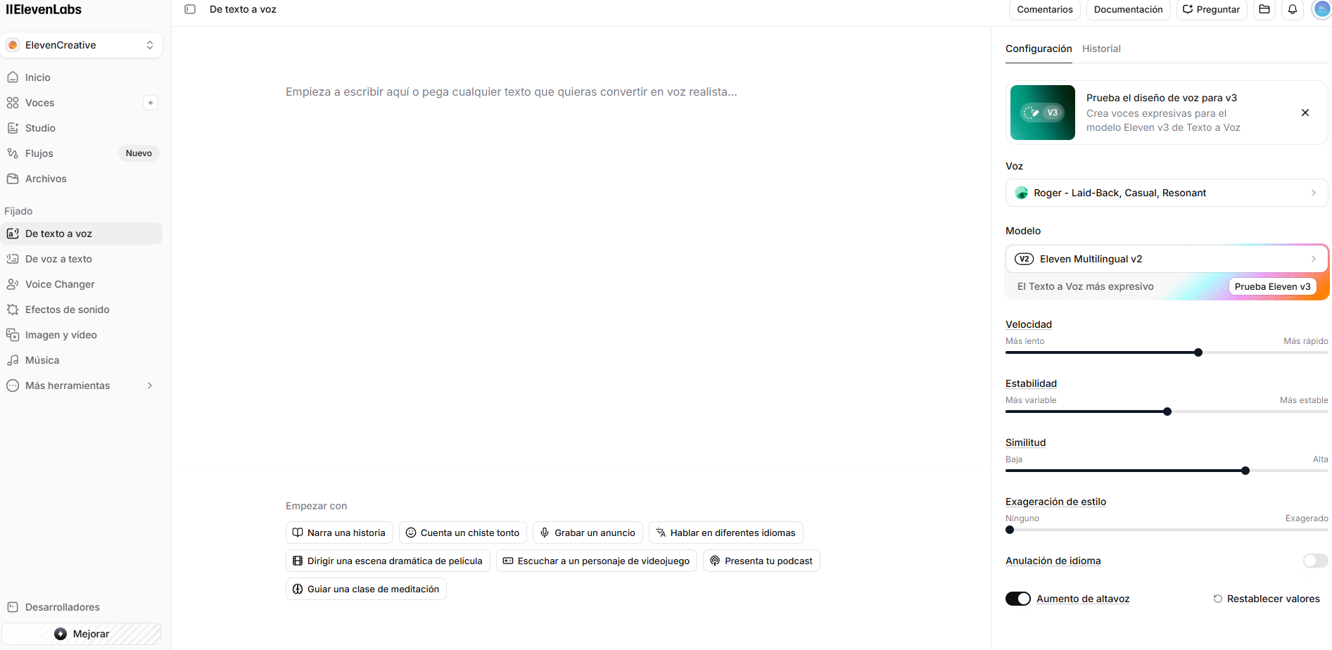Voice Lab de ElevenLabs — sliders de Stability, Clarity y Style